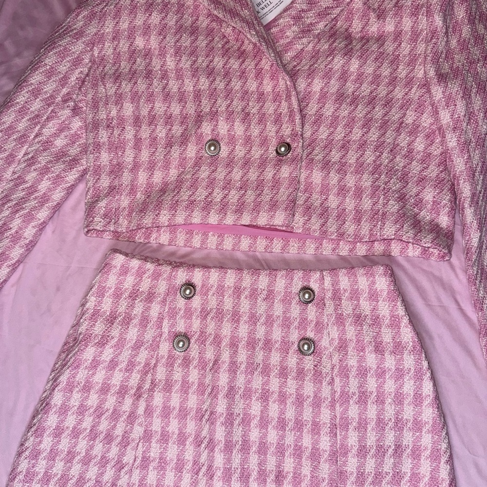 Pink Houndstooth Cropped Jacket and Skirt Set- Women's - Picture 2 of 3